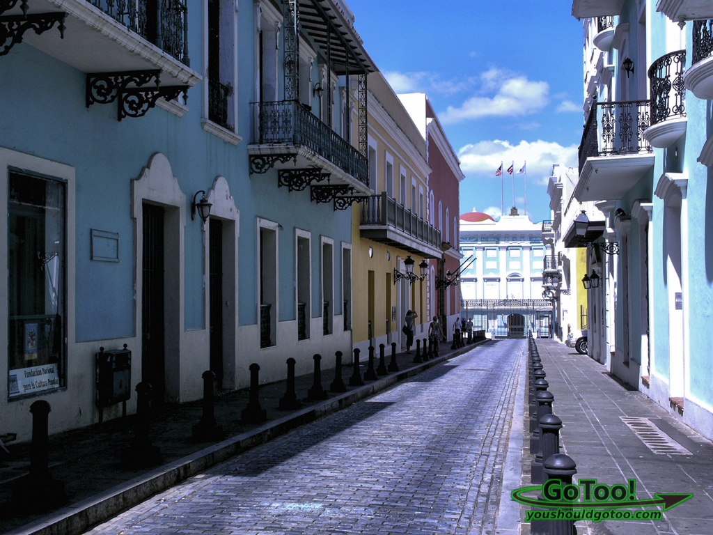 Narrow cobblestone paved street Old San Juan PR