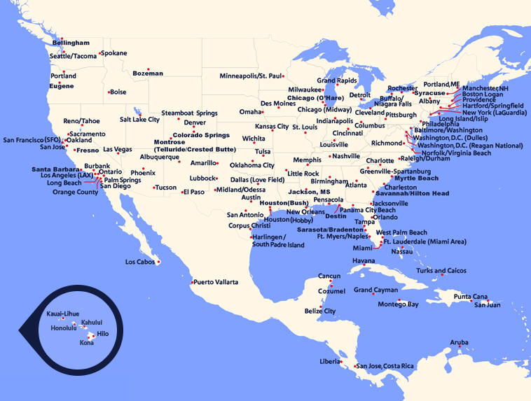 Southwest airlines route map. Go to the List View tab for the accessible version.